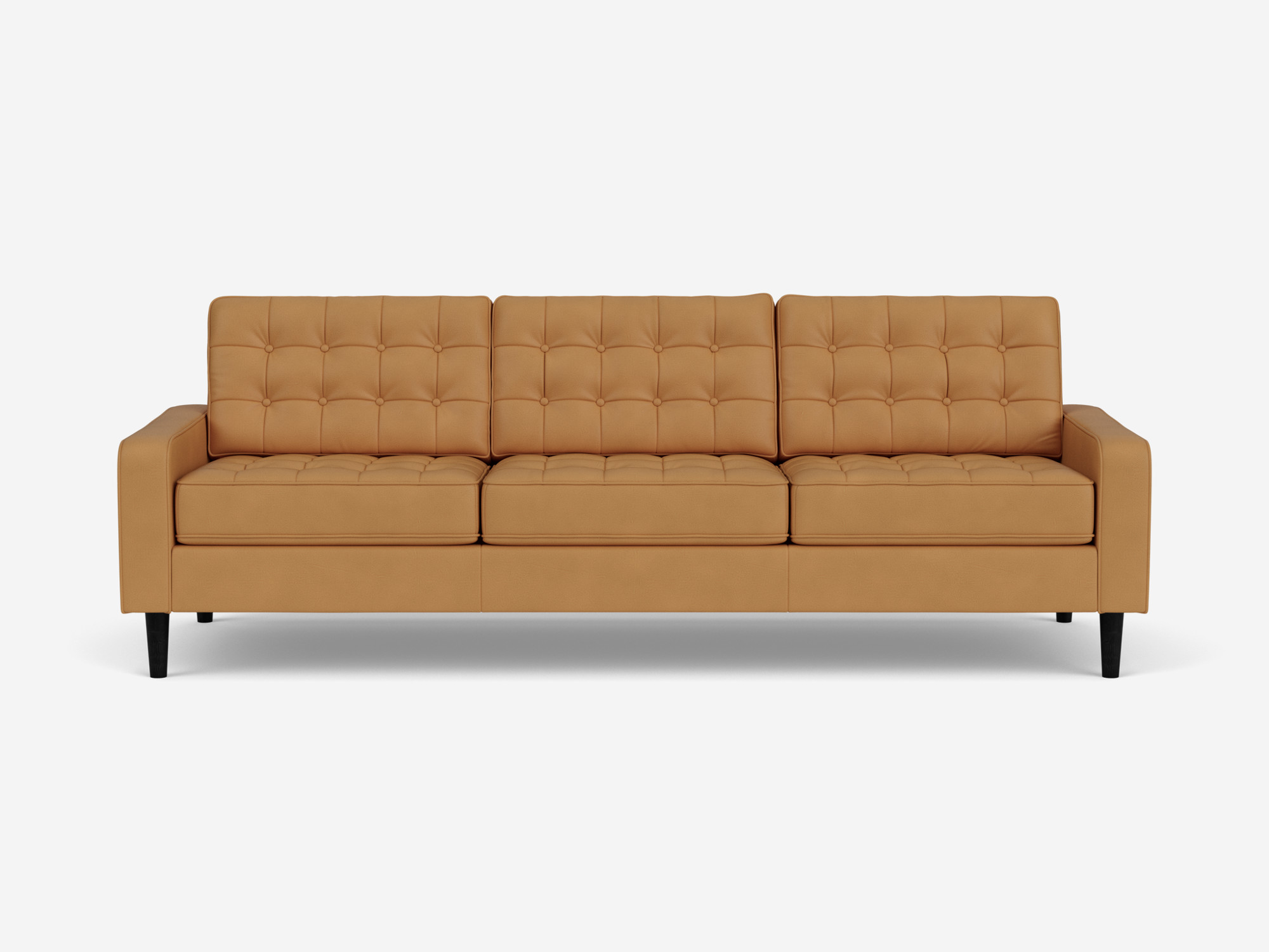 Front view of our mid century modern sofa, the Reverie 92", upholstered in light brown leather